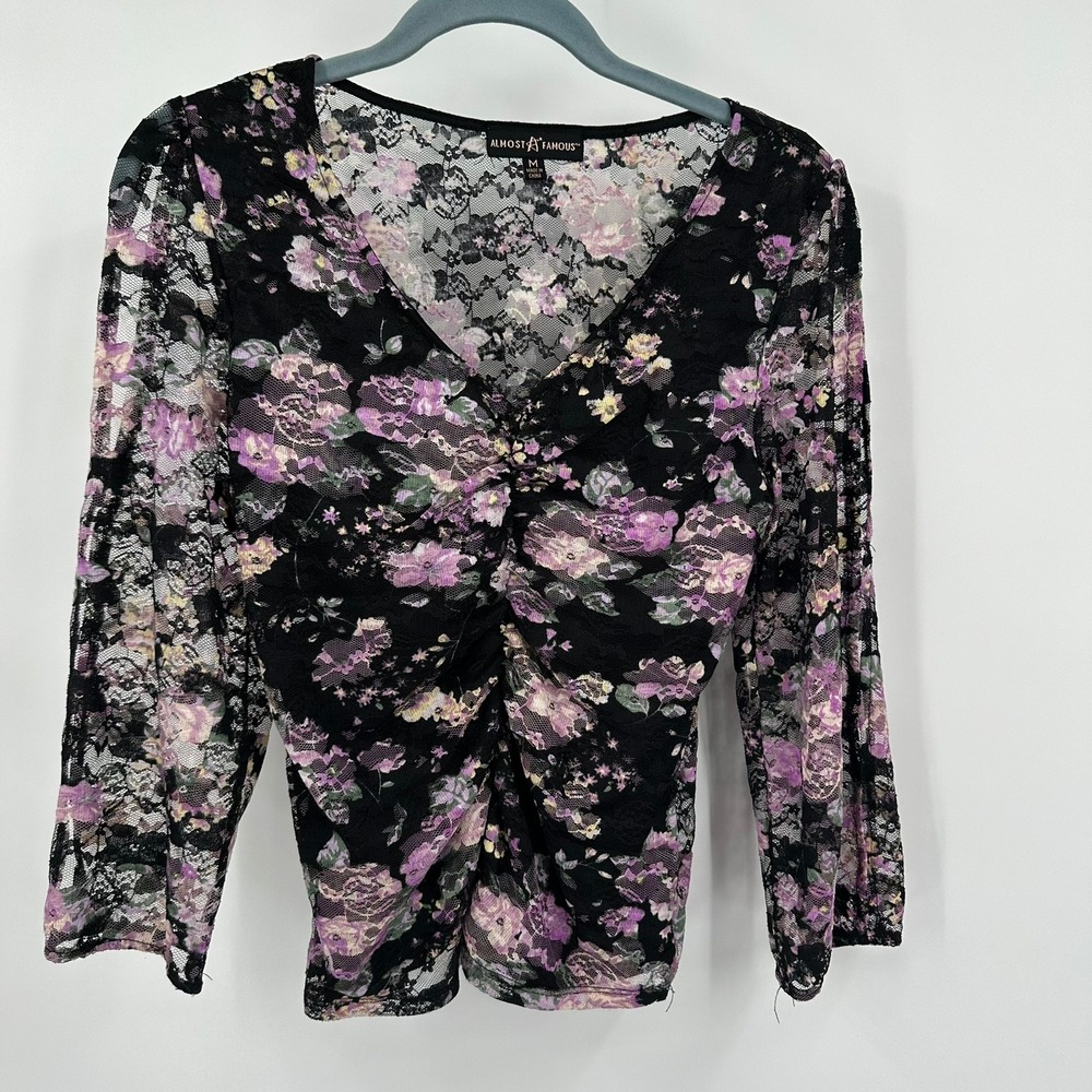 Womens Y2K Whimsigoth Dark Floral Lace Top Size M Romantic Goth Coquette Mesh